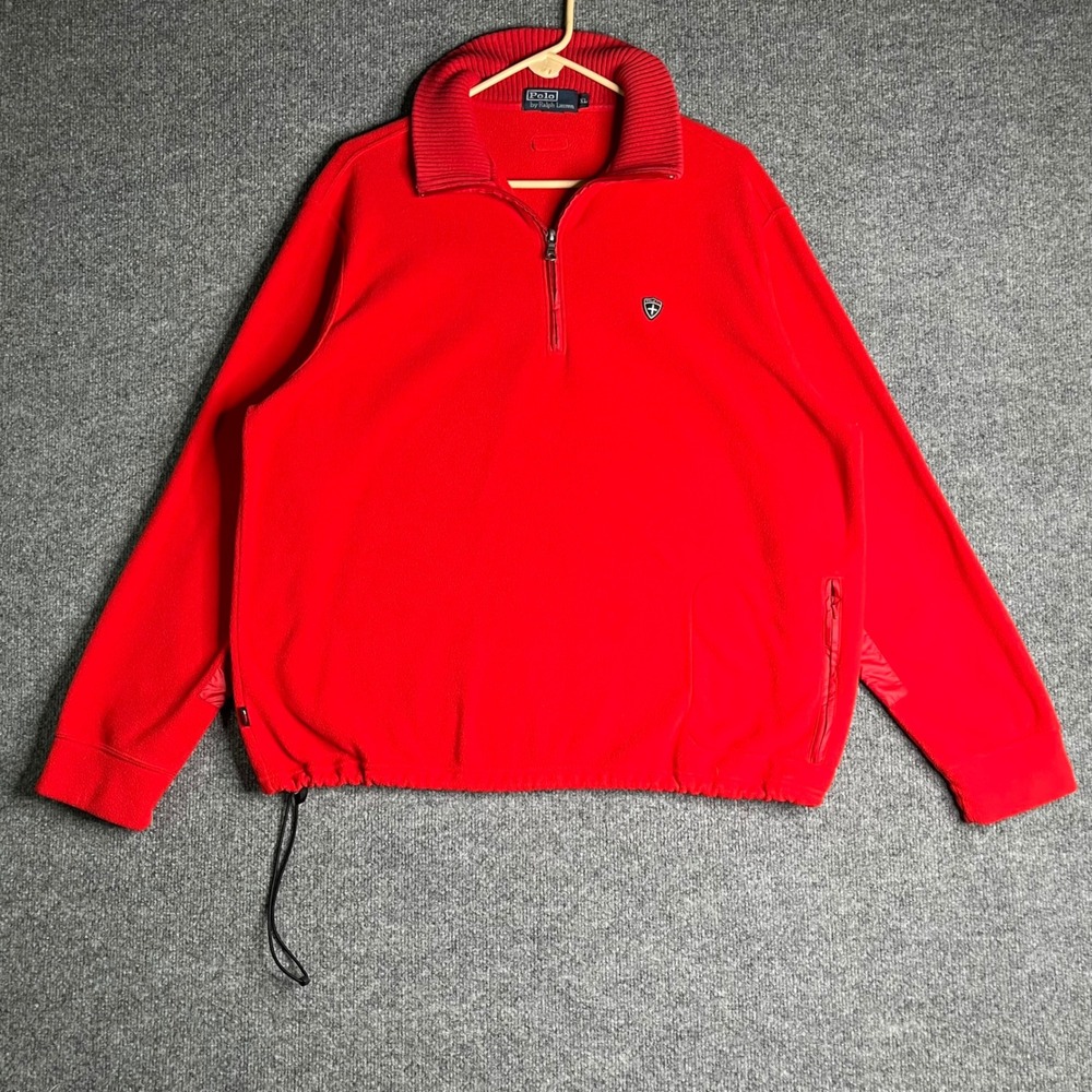 Polo Ralph Lauren Mens XL Red Fleece Quarter Zip Pullover Elbow Patches Logo VTG